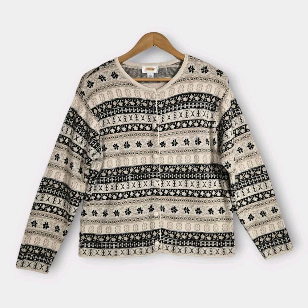 Talbots Fair Isle Cardigan Sweater M  Black Beige Cotton Nordic Cottagecore